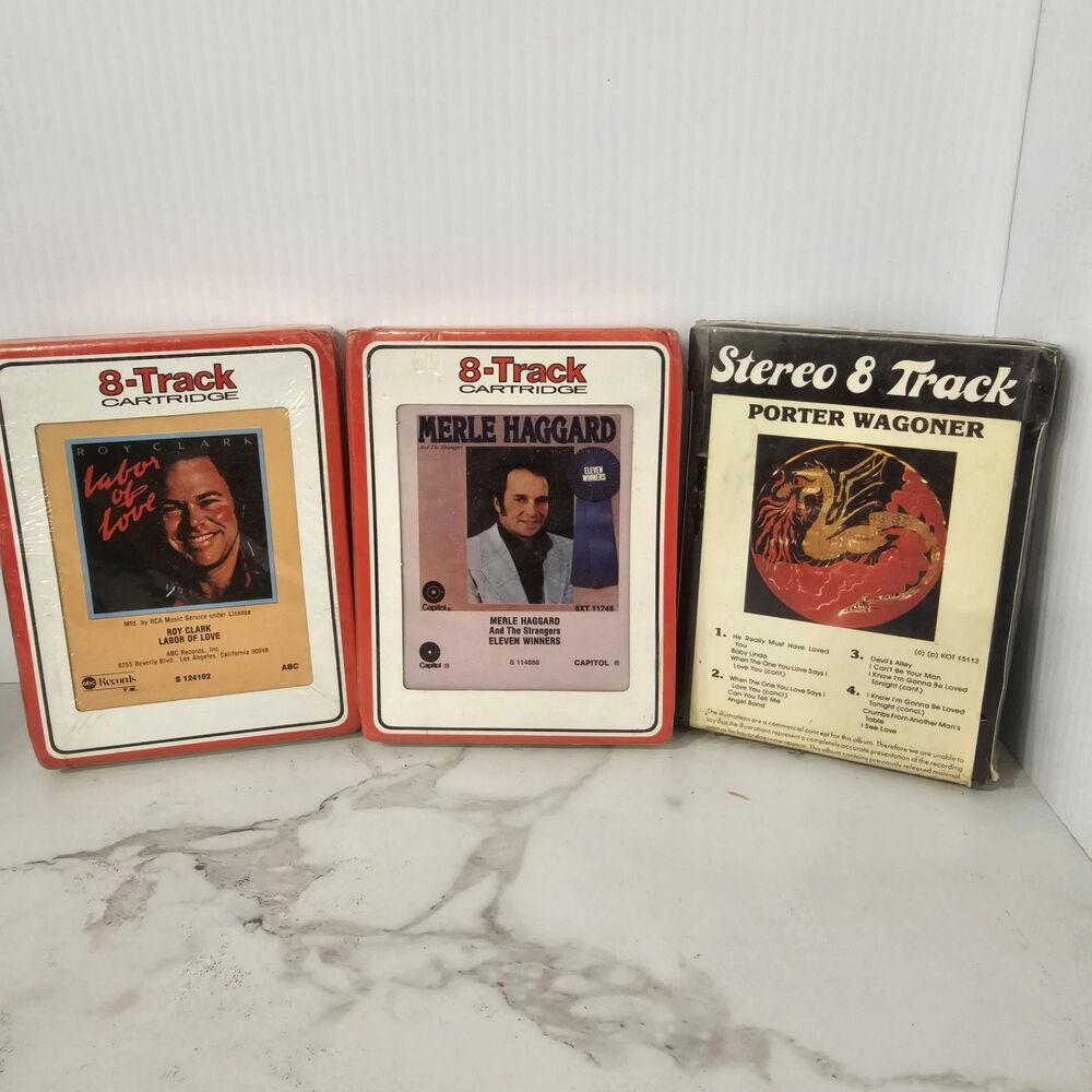(3) Sealed Rare 8-Track Tape Lot: Porter Wagner, Merle Haggard, & Roy Clark NOS